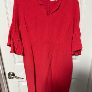 Women's Red V-Neck Ruffle Sleeve Dress